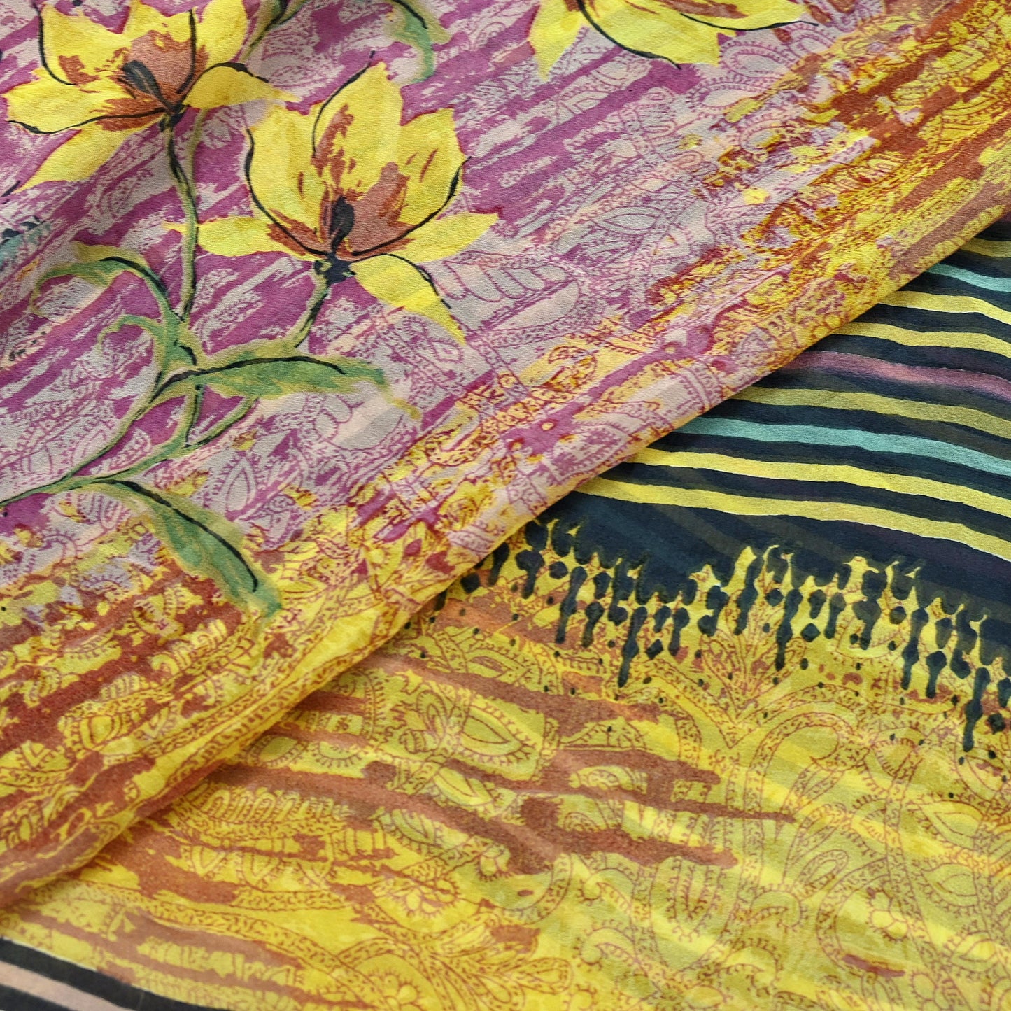 Women Vintage Sari Yellow & Multi 100% Pure Georgette Silk Printed Saree Craft Fabric Sewing 6Yd Soft Dress Making Quilting Upcycle