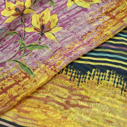 Women Vintage Sari Yellow & Multi 100% Pure Georgette Silk Printed Saree Craft Fabric Sewing 6Yd Soft Dress Making Quilting Upcycle