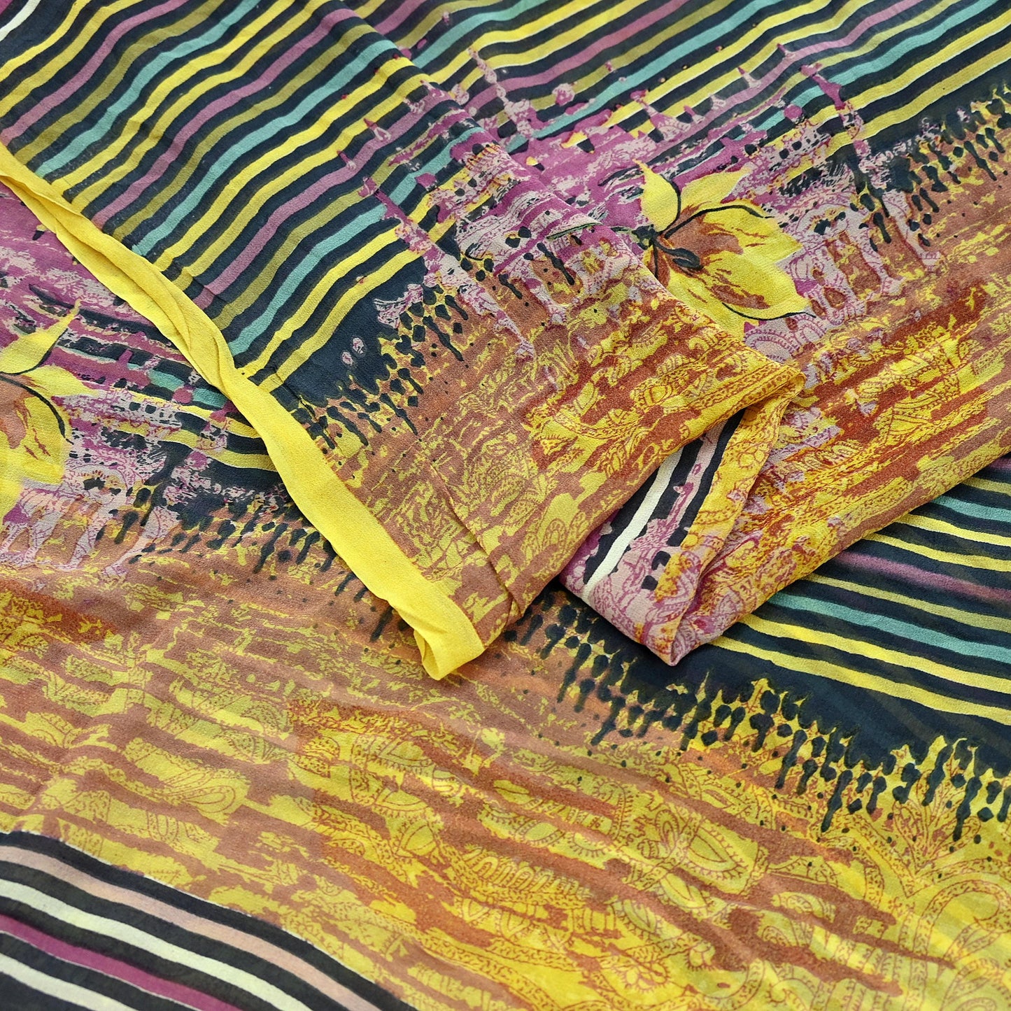 Women Vintage Sari Yellow & Multi 100% Pure Georgette Silk Printed Saree Craft Fabric Sewing 6Yd Soft Dress Making Quilting Upcycle