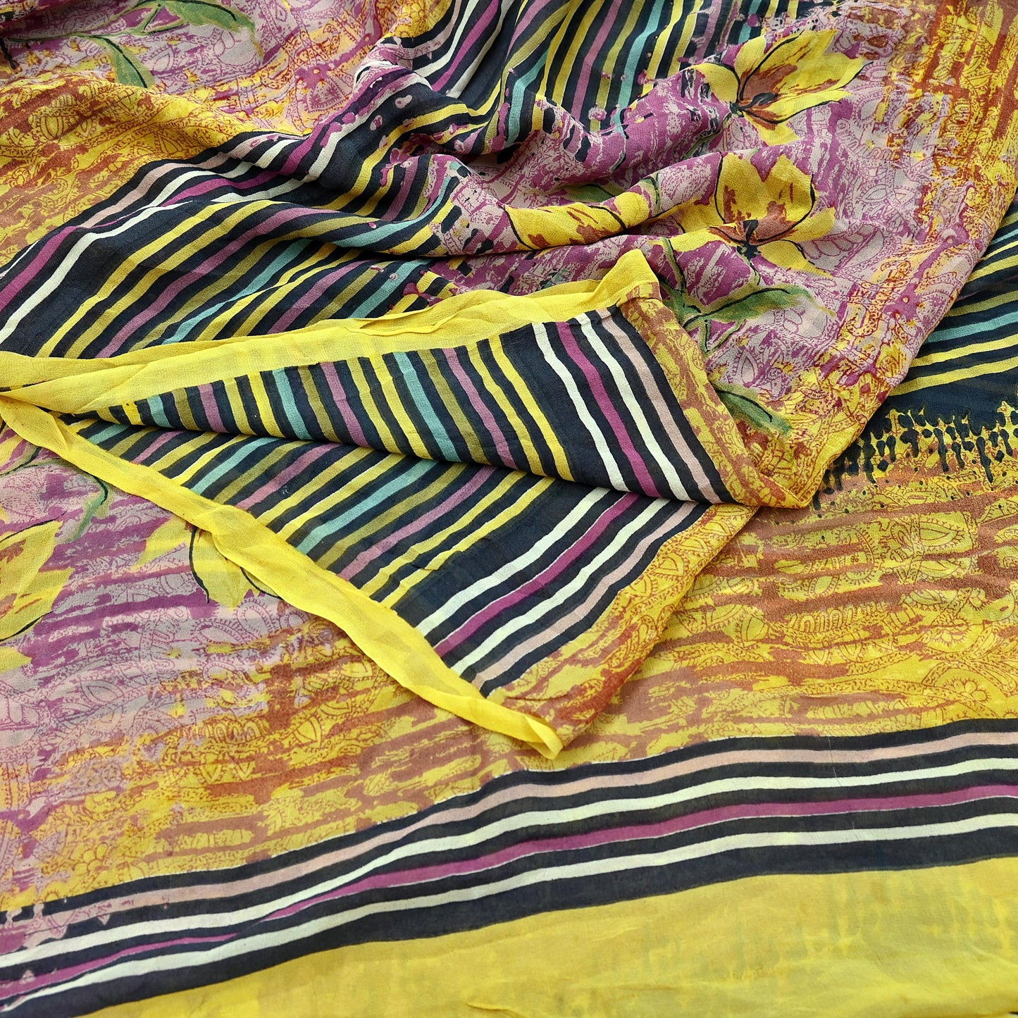 Women Vintage Sari Yellow & Multi 100% Pure Georgette Silk Printed Saree Craft Fabric Sewing 6Yd Soft Dress Making Quilting Upcycle