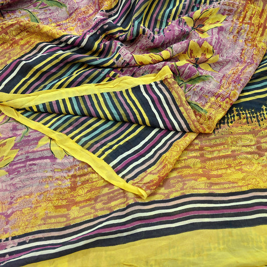 Women Vintage Sari Yellow & Multi 100% Pure Georgette Silk Printed Saree Craft Fabric Sewing 6Yd Soft Dress Making Quilting Upcycle