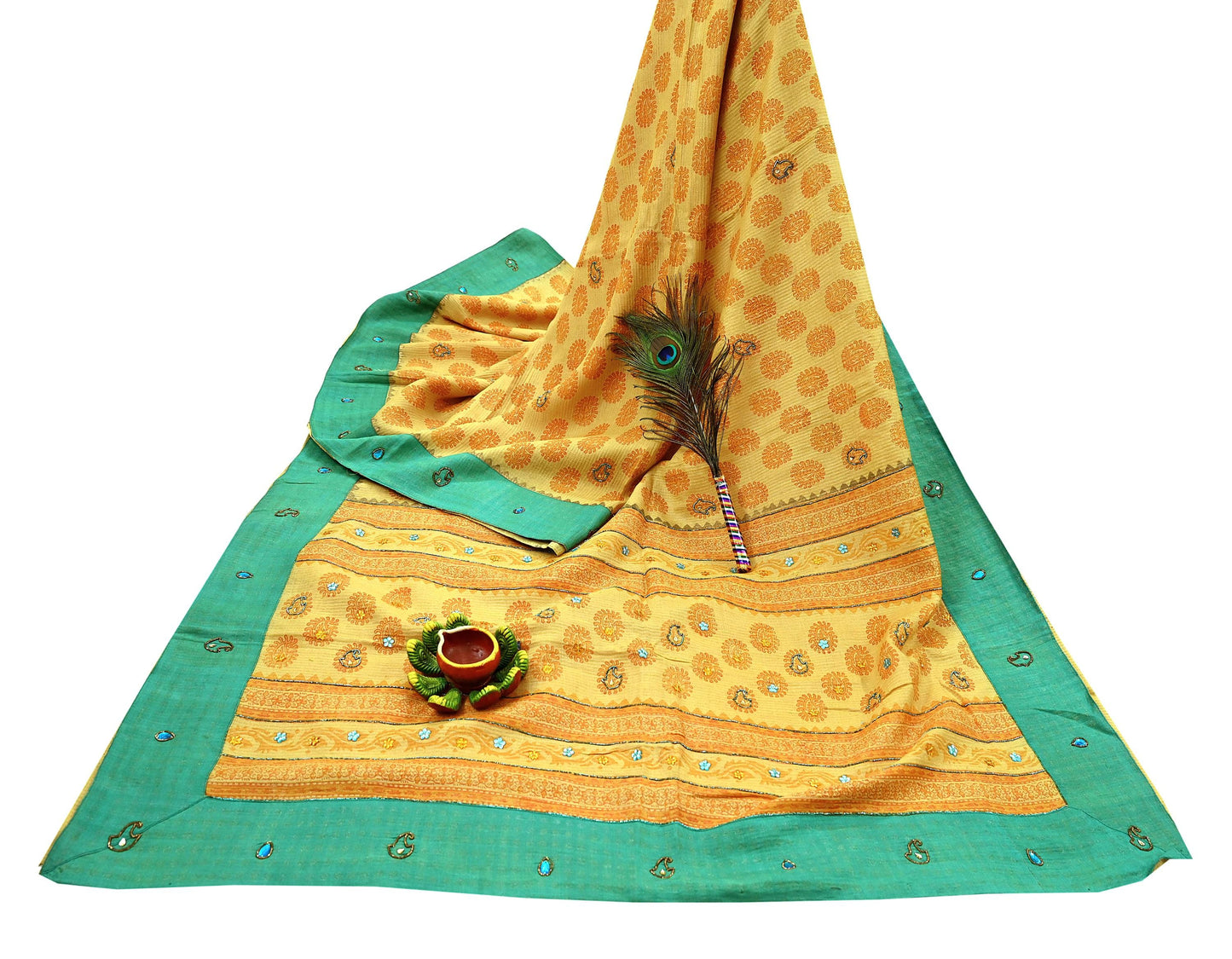 Indian Vintage Sari Yellow 100% Pure Khadi Silk Beaded Handloom Sarees Craft Fabric 5Yd Ethnic Sewing Dress making Crafting Quilting Upcycle