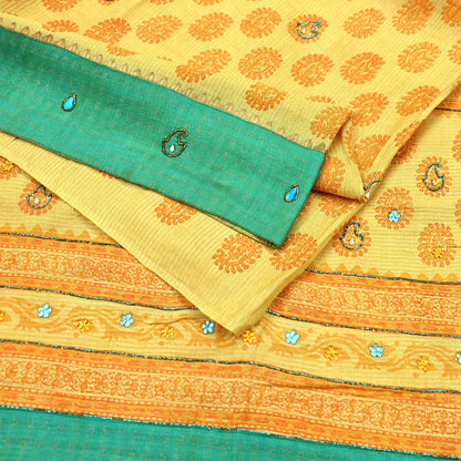 Indian Vintage Sari Yellow 100% Pure Khadi Silk Beaded Handloom Sarees Craft Fabric 5Yd Ethnic Sewing Dress making Crafting Quilting Upcycle