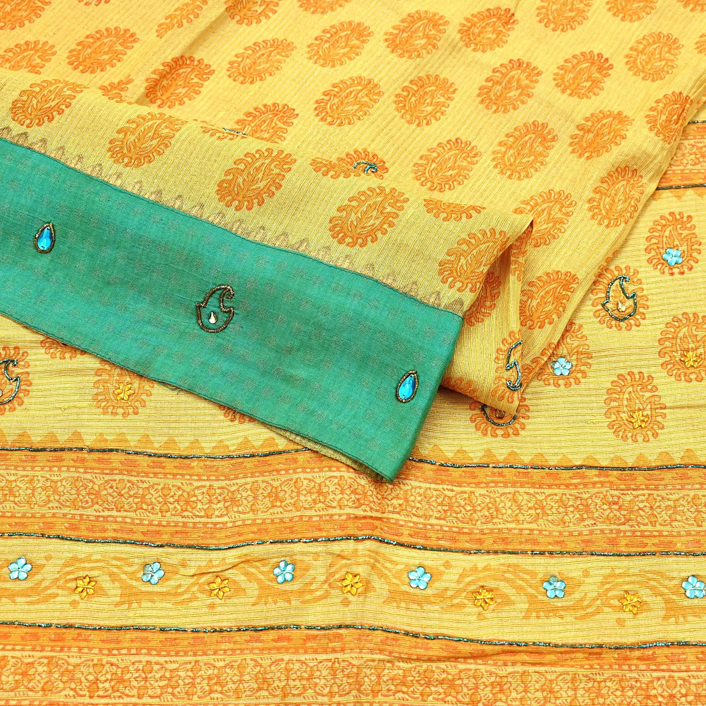 Indian Vintage Sari Yellow 100% Pure Khadi Silk Beaded Handloom Sarees Craft Fabric 5Yd Ethnic Sewing Dress making Crafting Quilting Upcycle