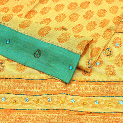 Indian Vintage Sari Yellow 100% Pure Khadi Silk Beaded Handloom Sarees Craft Fabric 5Yd Ethnic Sewing Dress making Crafting Quilting Upcycle