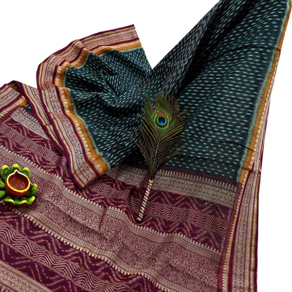Indian Vintage Sari Black & Maroon Hand woven Sambalpuri Ikat Saree Pure Silk Craft Fabric 5Yd Ethnic Chackra Zari Border