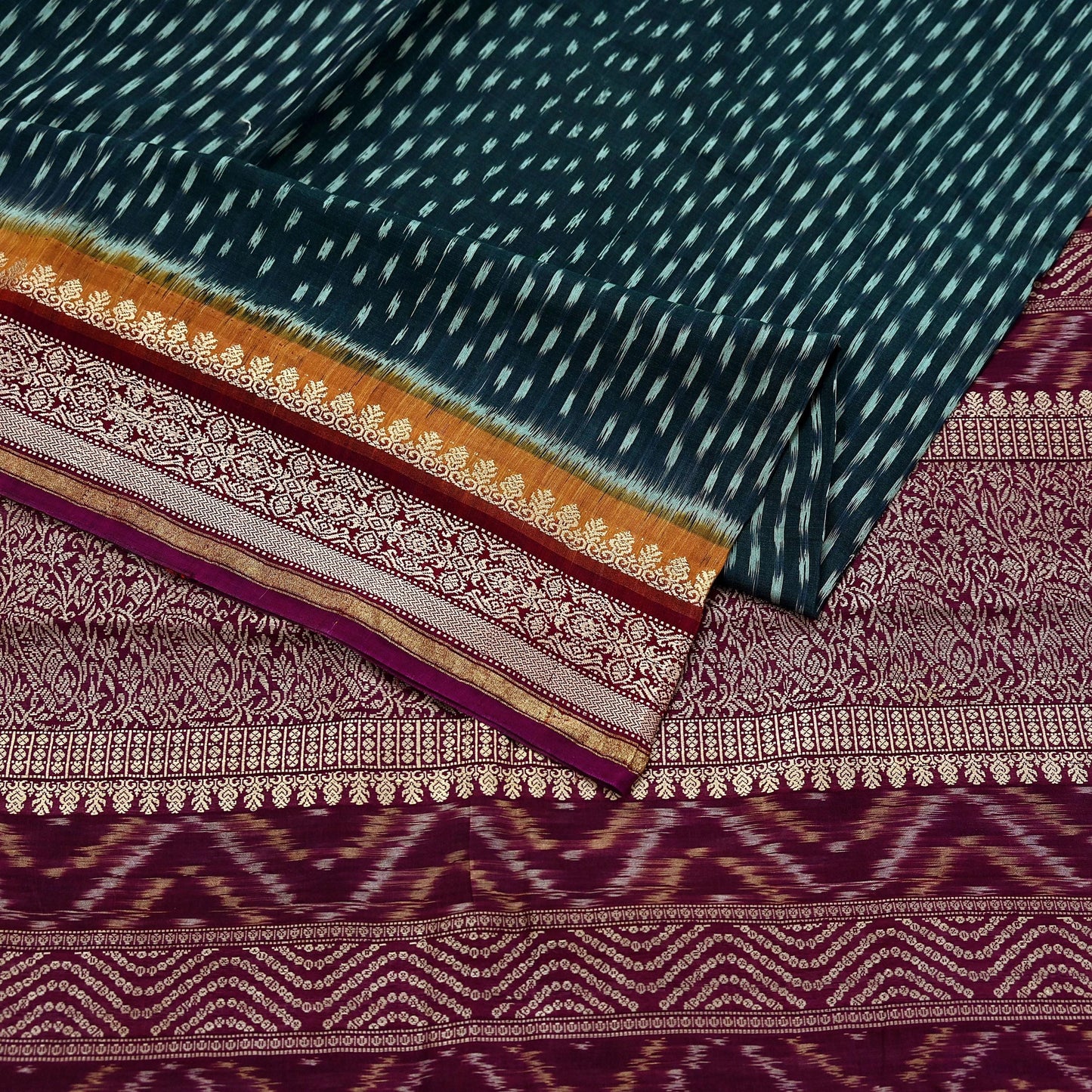 Indian Vintage Sari Black & Maroon Hand woven Sambalpuri Ikat Saree Pure Silk Craft Fabric 5Yd Ethnic Chackra Zari Border