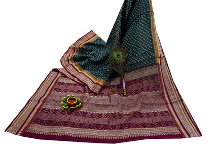 Indian Vintage Sari Black & Maroon Hand woven Sambalpuri Ikat Saree Pure Silk Craft Fabric 5Yd Ethnic Chackra Zari Border