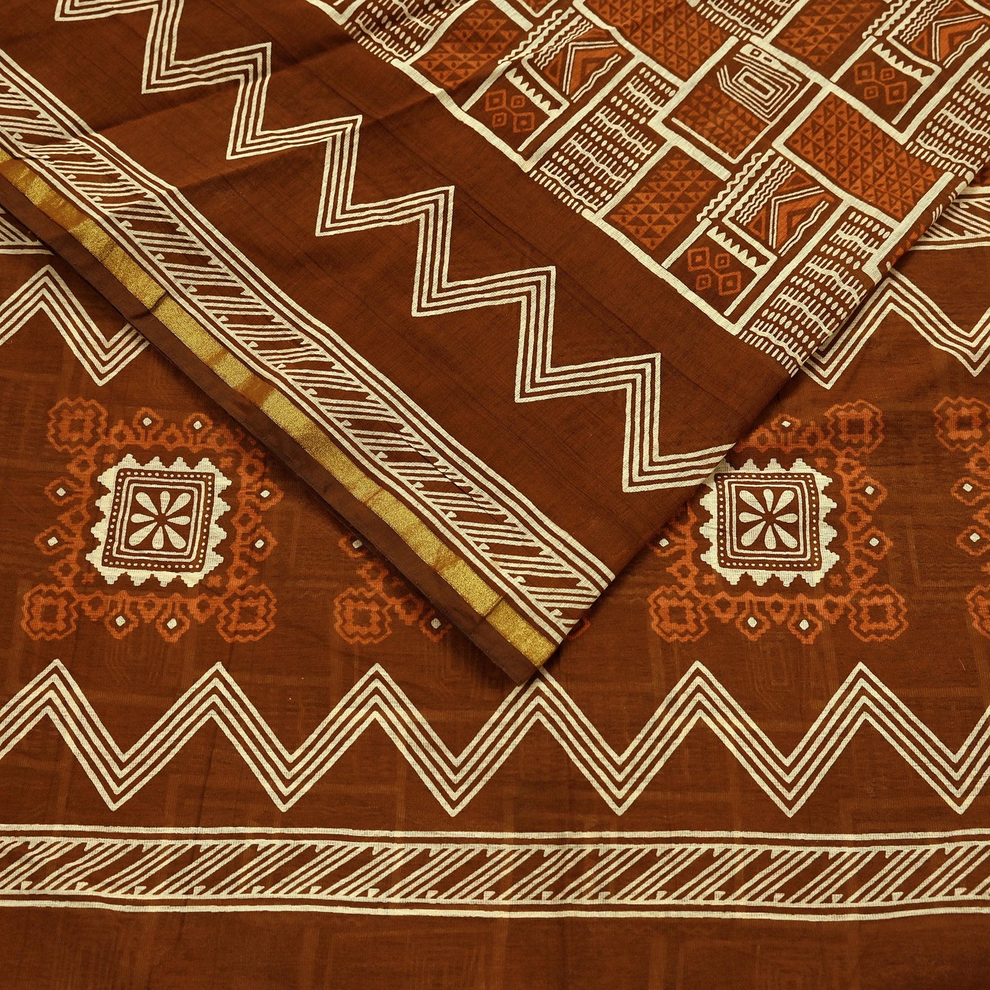 Indian Vintage Sari Brown Pure chanderi Silk Bagru Printed Sarees Fabric 5Yd Floral Soft Golden Zari Border Ethnic Dress making Upcycle