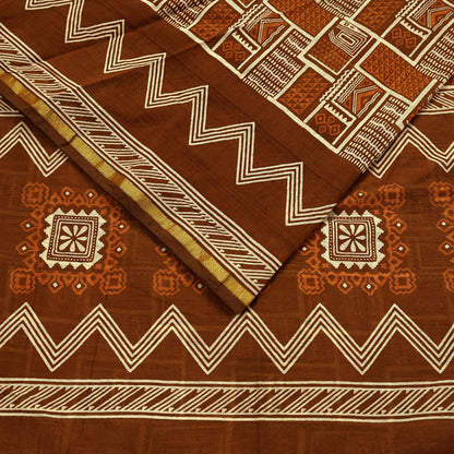 Indian Vintage Sari Brown Pure chanderi Silk Bagru Printed Sarees Fabric 5Yd Floral Soft Golden Zari Border Ethnic Dress making Upcycle