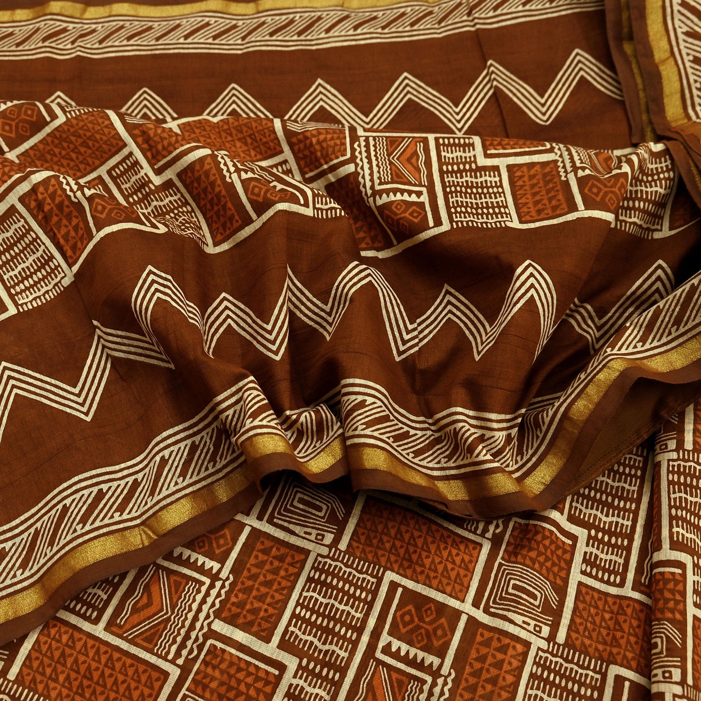 Indian Vintage Sari Brown Pure chanderi Silk Bagru Printed Sarees Fabric 5Yd Floral Soft Golden Zari Border Ethnic Dress making Upcycle
