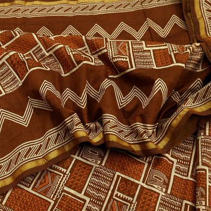 Indian Vintage Sari Brown Pure chanderi Silk Bagru Printed Sarees Fabric 5Yd Floral Soft Golden Zari Border Ethnic Dress making Upcycle