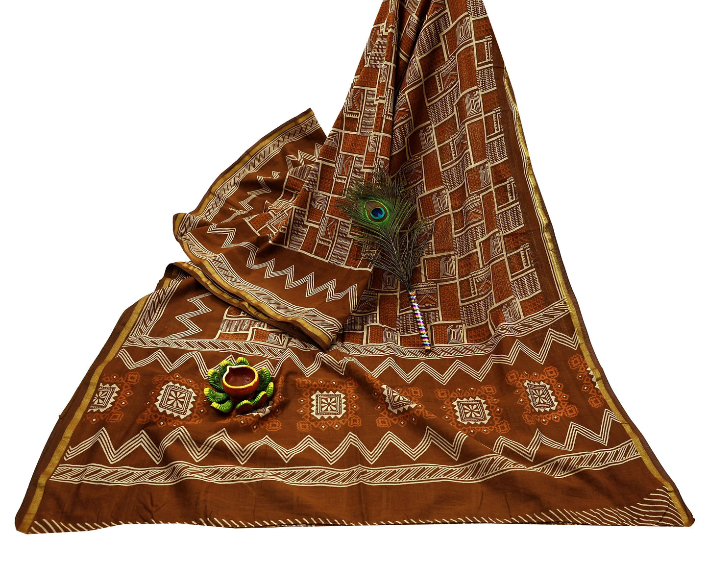 Indian Vintage Sari Brown Pure chanderi Silk Bagru Printed Sarees Fabric 5Yd Floral Soft Golden Zari Border Ethnic Dress making Upcycle