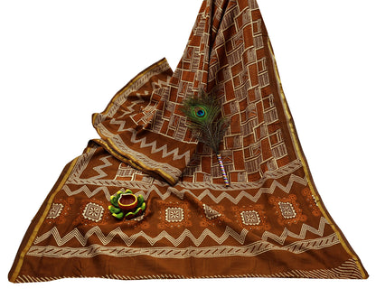 Indian Vintage Sari Brown Pure chanderi Silk Bagru Printed Sarees Fabric 5Yd Floral Soft Golden Zari Border Ethnic Dress making Upcycle
