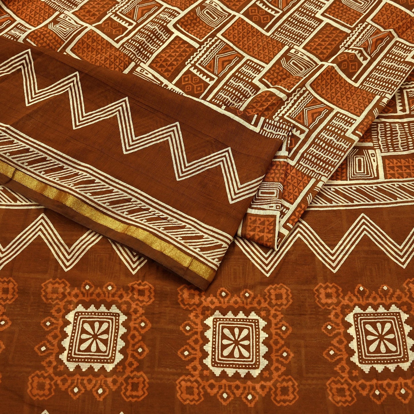 Indian Vintage Sari Brown Pure chanderi Silk Bagru Printed Sarees Fabric 5Yd Floral Soft Golden Zari Border Ethnic Dress making Upcycle