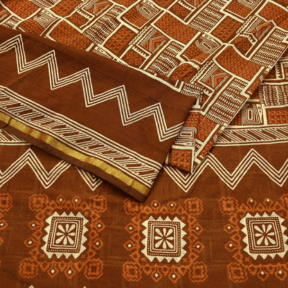 Indian Vintage Sari Brown Pure chanderi Silk Bagru Printed Sarees Fabric 5Yd Floral Soft Golden Zari Border Ethnic Dress making Upcycle