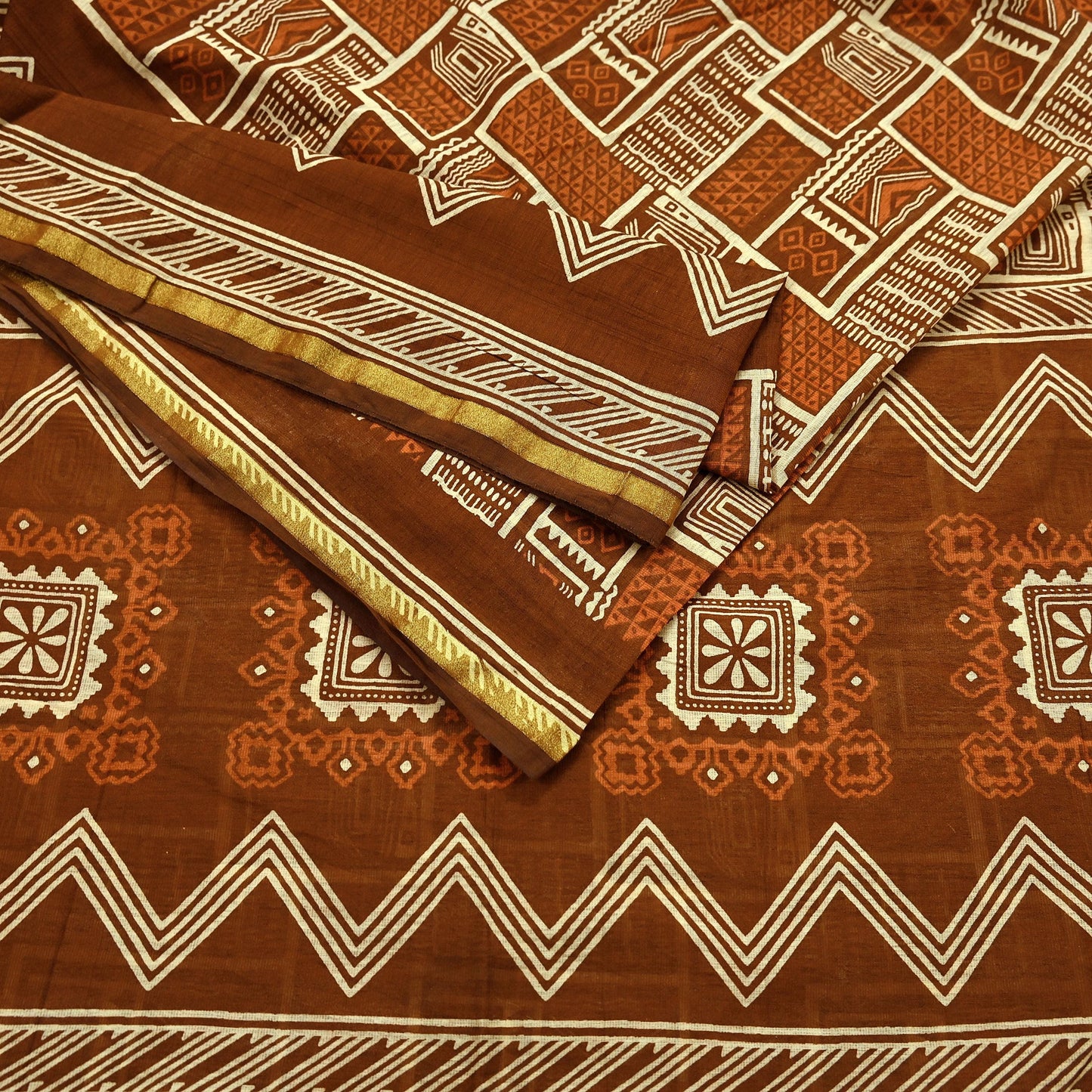 Indian Vintage Sari Brown Pure chanderi Silk Bagru Printed Sarees Fabric 5Yd Floral Soft Golden Zari Border Ethnic Dress making Upcycle