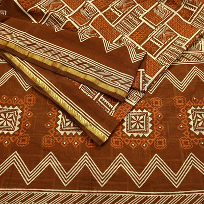 Indian Vintage Sari Brown Pure chanderi Silk Bagru Printed Sarees Fabric 5Yd Floral Soft Golden Zari Border Ethnic Dress making Upcycle