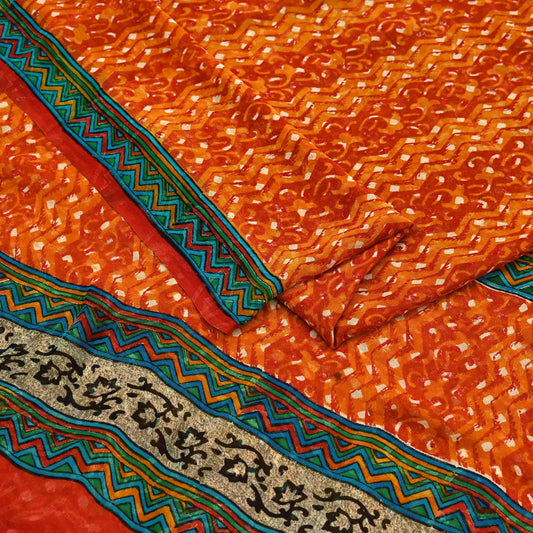 Indian Vintage Sari Orange & Red 100% Pure Georgette Silk Block Printed Sarees Sewing 5yd Craft Soft Dress Designing for Crafting Abstract