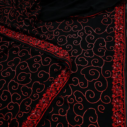 Indian Vintage Heavy Sarees Black Pure Georgette Silk Hand Embroidered Sari Fabric 5Yd Sewing Ethnic Sequins Wedding sarees Dress making