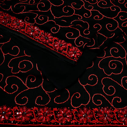 Indian Vintage Heavy Sarees Black Pure Georgette Silk Hand Embroidered Sari Fabric 5Yd Sewing Ethnic Sequins Wedding sarees Dress making