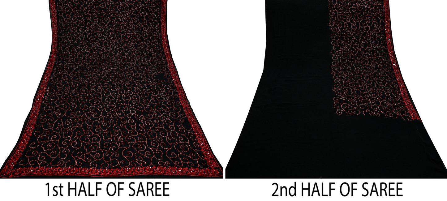 Indian Vintage Heavy Sarees Black Pure Georgette Silk Hand Embroidered Sari Fabric 5Yd Sewing Ethnic Sequins Wedding sarees Dress making