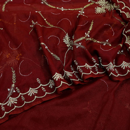 Indian Vintage Heavy Sarees Maroon Georgette Hand Embroidered Sari Fabric 5Yd Sewing Ethnic Zardozi/dabka zari Wedding sarees