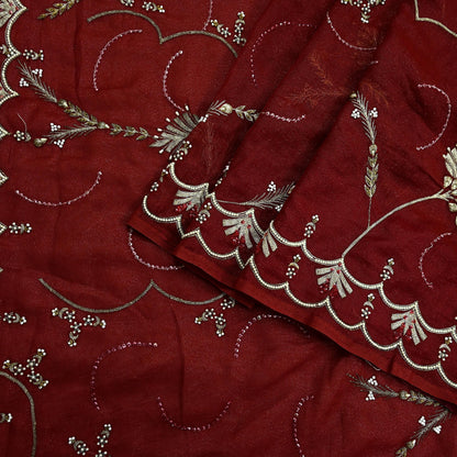 Indian Vintage Heavy Sarees Maroon Georgette Hand Embroidered Sari Fabric 5Yd Sewing Ethnic Zardozi/dabka zari Wedding sarees