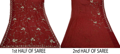 Indian Vintage Heavy Sarees Maroon Georgette Hand Embroidered Sari Fabric 5Yd Sewing Ethnic Zardozi/dabka zari Wedding sarees