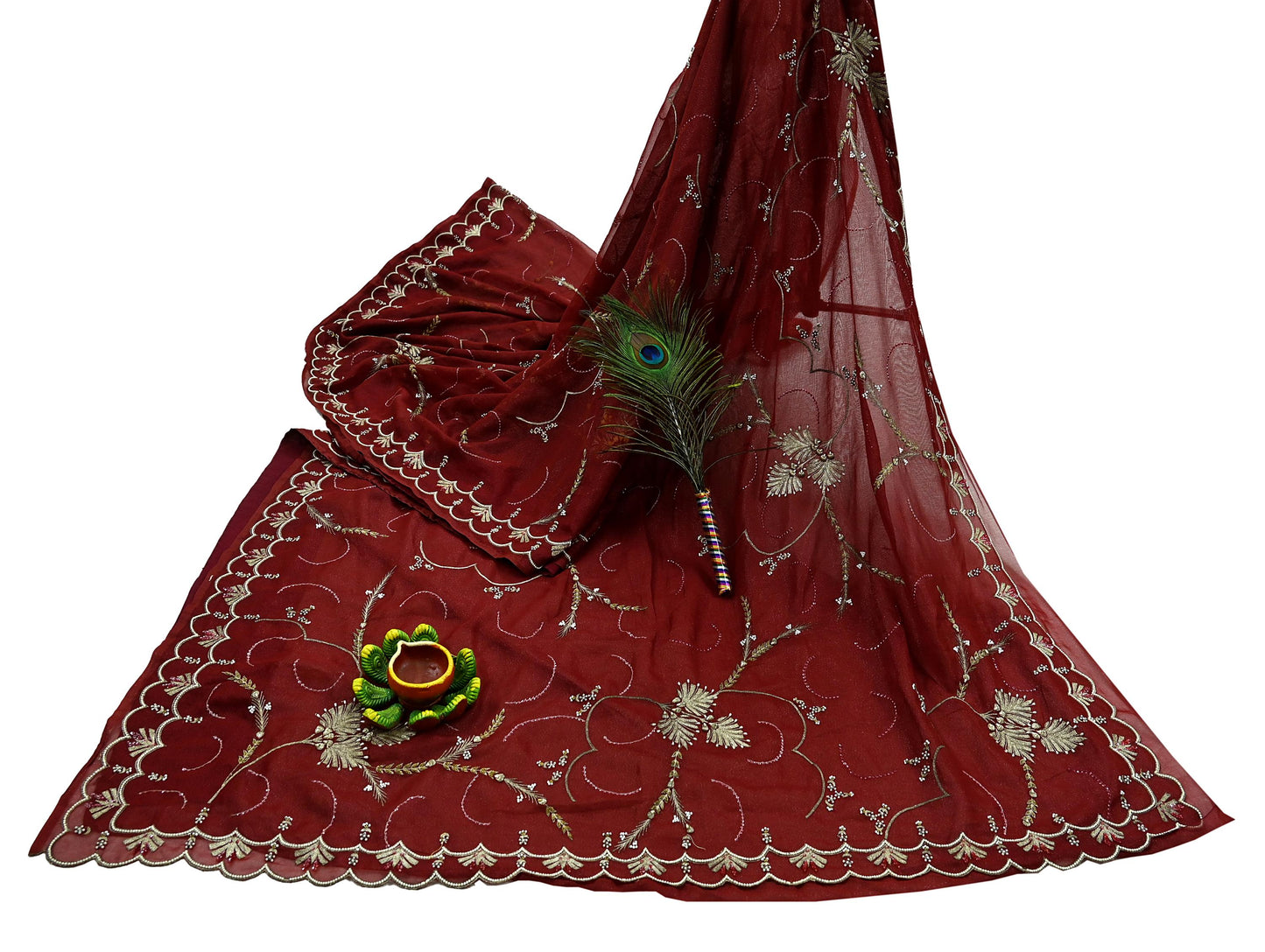 Indian Vintage Heavy Sarees Maroon Georgette Hand Embroidered Sari Fabric 5Yd Sewing Ethnic Zardozi/dabka zari Wedding sarees