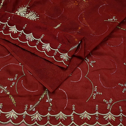 Indian Vintage Heavy Sarees Maroon Georgette Hand Embroidered Sari Fabric 5Yd Sewing Ethnic Zardozi/dabka zari Wedding sarees