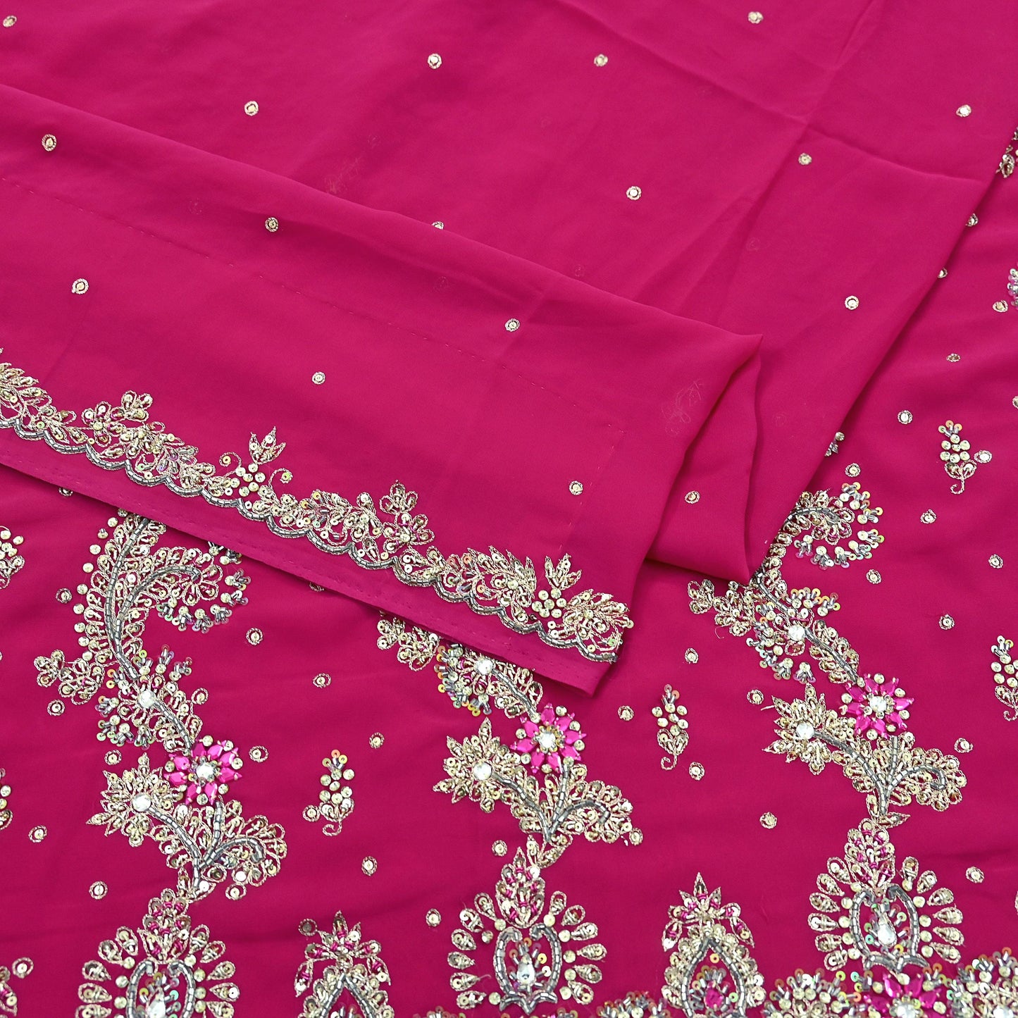 Indian Vintage Heavy Rani Pink Saree Georgette Hand Embroidered Sari Craft Fabric 6Yd Sewing Soft Ethnic Zari Dress Making wedding Sari