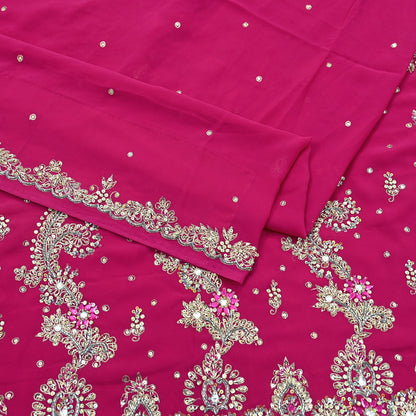 Indian Vintage Heavy Rani Pink Saree Georgette Hand Embroidered Sari Craft Fabric 6Yd Sewing Soft Ethnic Zari Dress Making wedding Sari