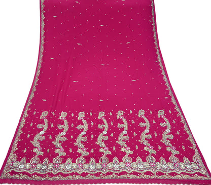Indian Vintage Heavy Rani Pink Saree Georgette Hand Embroidered Sari Craft Fabric 6Yd Sewing Soft Ethnic Zari Dress Making wedding Sari