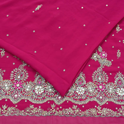 Indian Vintage Heavy Rani Pink Saree Georgette Hand Embroidered Sari Craft Fabric 6Yd Sewing Soft Ethnic Zari Dress Making wedding Sari