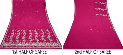 Indian Vintage Heavy Rani Pink Saree Georgette Hand Embroidered Sari Craft Fabric 6Yd Sewing Soft Ethnic Zari Dress Making wedding Sari