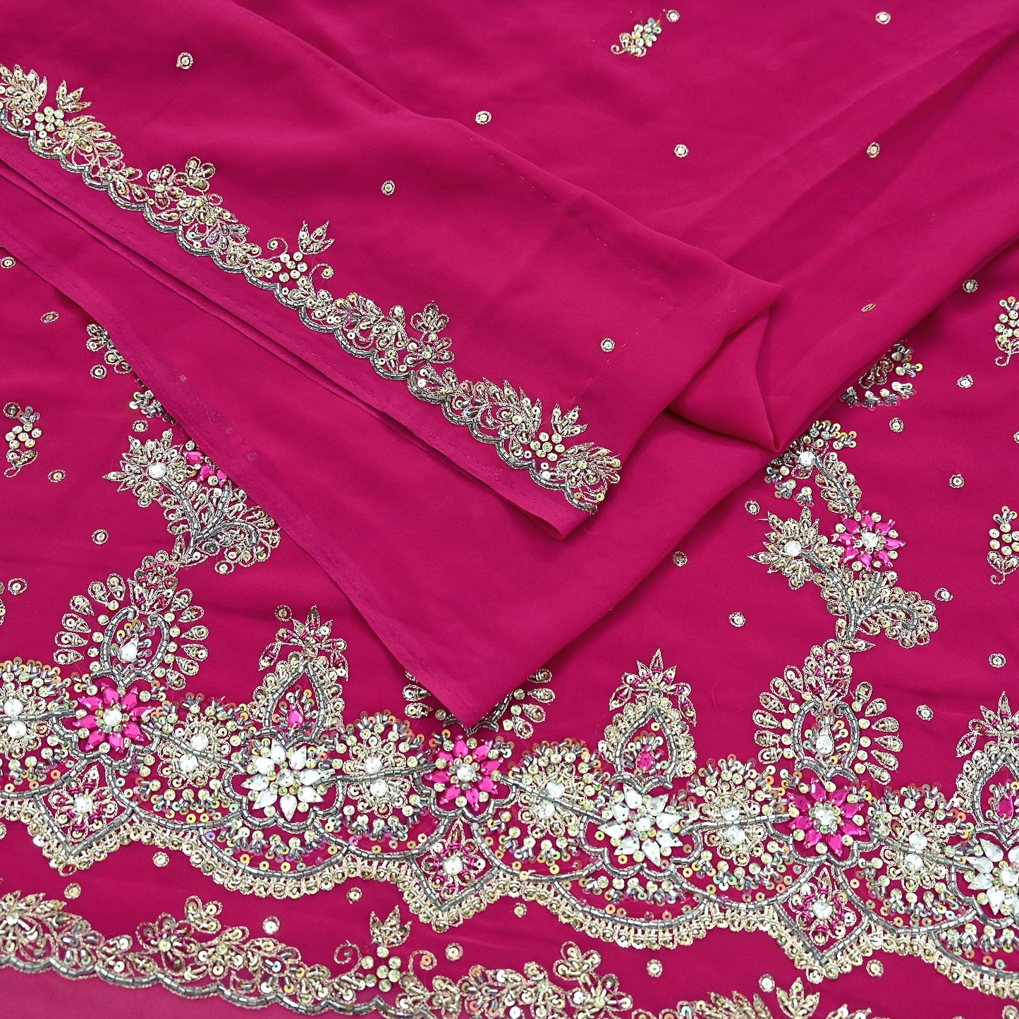 Indian Vintage Heavy Rani Pink Saree Georgette Hand Embroidered Sari Craft Fabric 6Yd Sewing Soft Ethnic Zari Dress Making wedding Sari