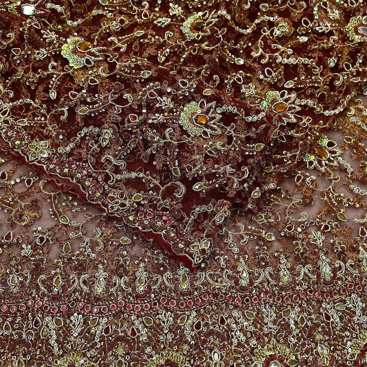 Indian Vintage Heavy Wedding Maroon Dupatta Net Mesh Long Stole Hand Embroidered Scarves Golden Zardozi Zari Sequins Dridal Veil Hijab