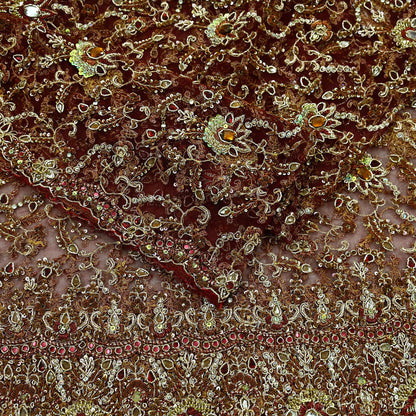 Indian Vintage Heavy Wedding Maroon Dupatta Net Mesh Long Stole Hand Embroidered Scarves Golden Zardozi Zari Sequins Dridal Veil Hijab
