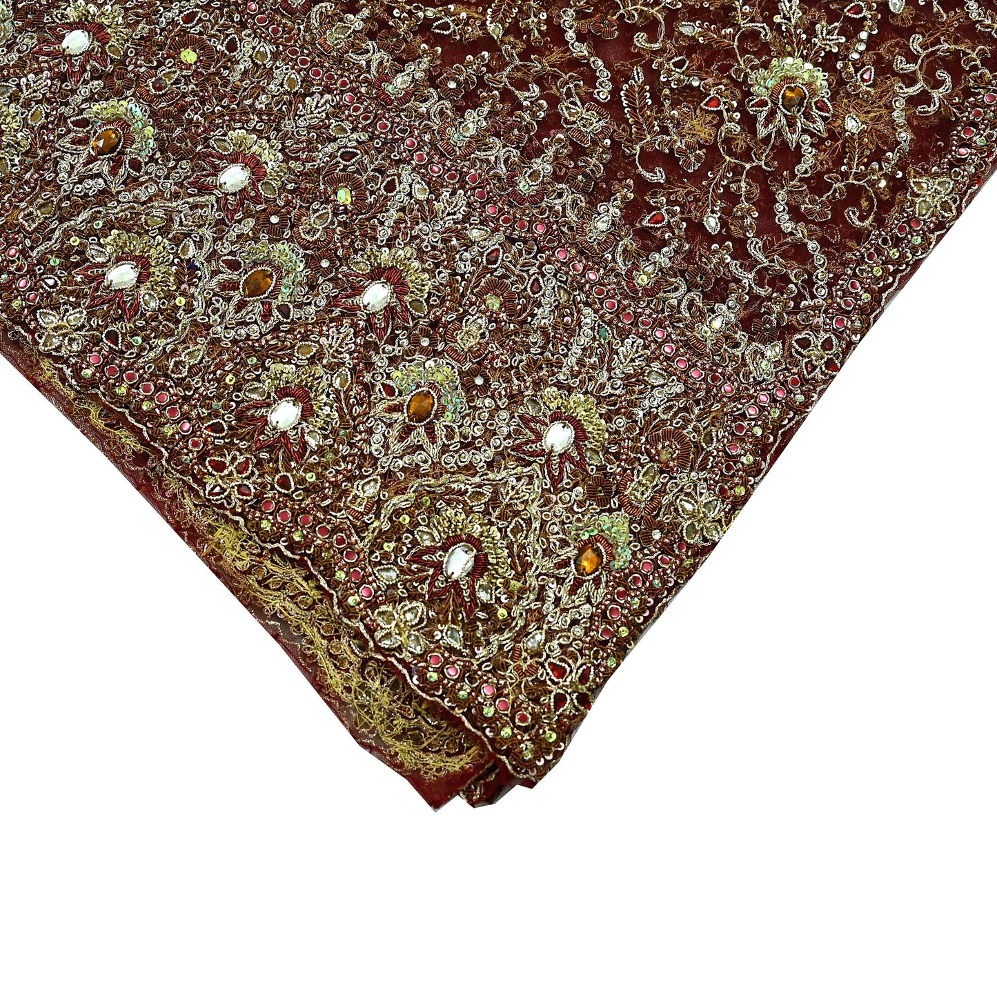 Indian Vintage Heavy Wedding Maroon Dupatta Net Mesh Long Stole Hand Embroidered Scarves Golden Zardozi Zari Sequins Dridal Veil Hijab