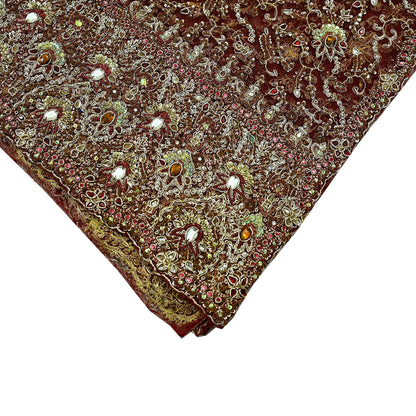 Indian Vintage Heavy Wedding Maroon Dupatta Net Mesh Long Stole Hand Embroidered Scarves Golden Zardozi Zari Sequins Dridal Veil Hijab