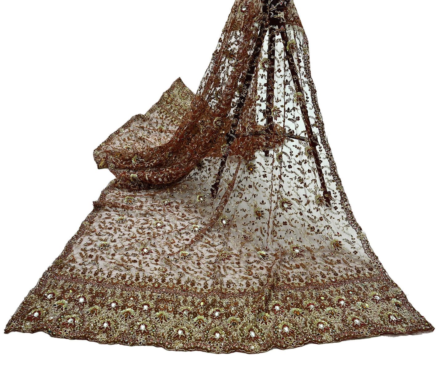Indian Vintage Heavy Wedding Maroon Dupatta Net Mesh Long Stole Hand Embroidered Scarves Golden Zardozi Zari Sequins Dridal Veil Hijab