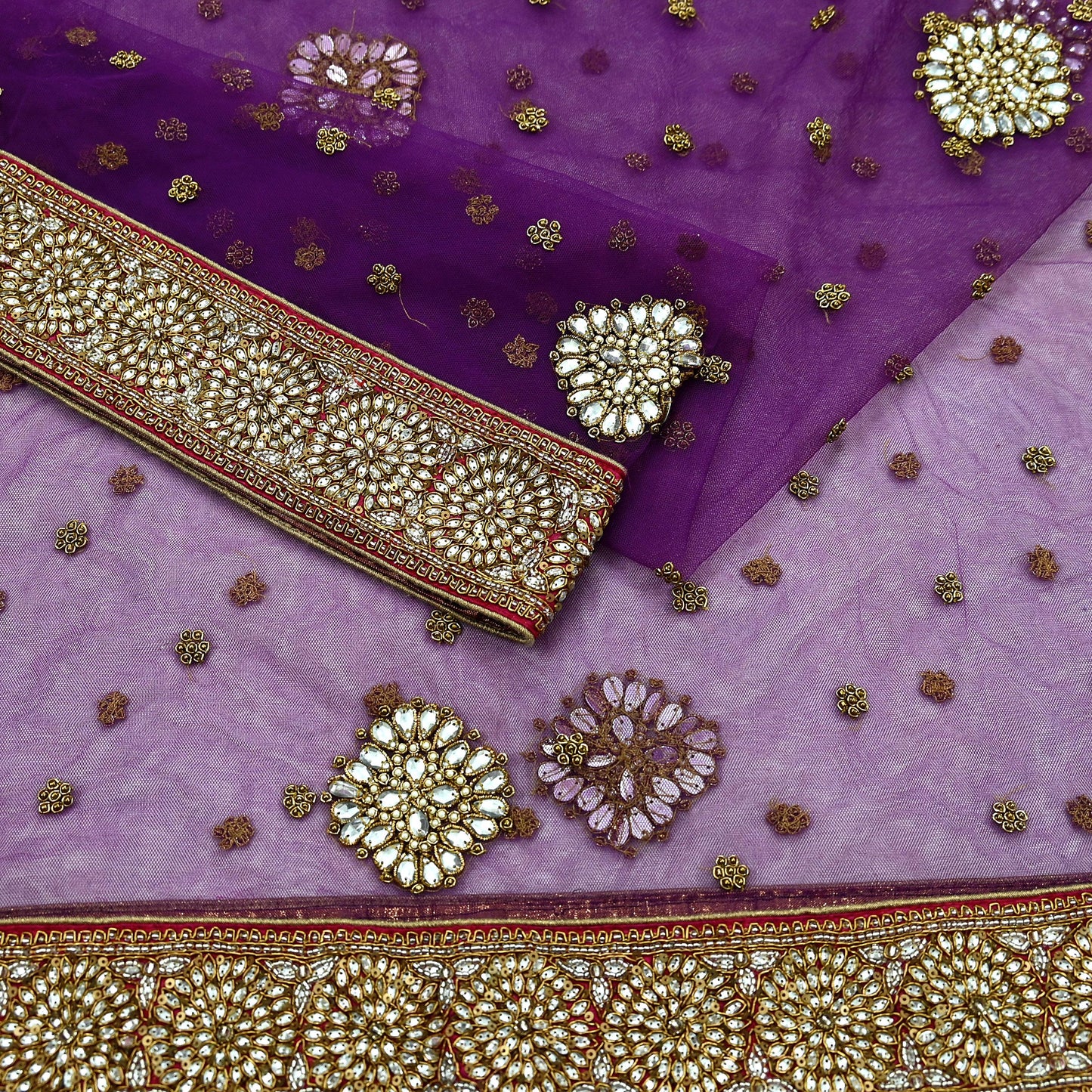 Indian Vintage Heavy Wedding Dupatta Purple Net Long Stole Hand Embroidered By Designer Sabyasachi Scarves Zardozi Bridal Veil
