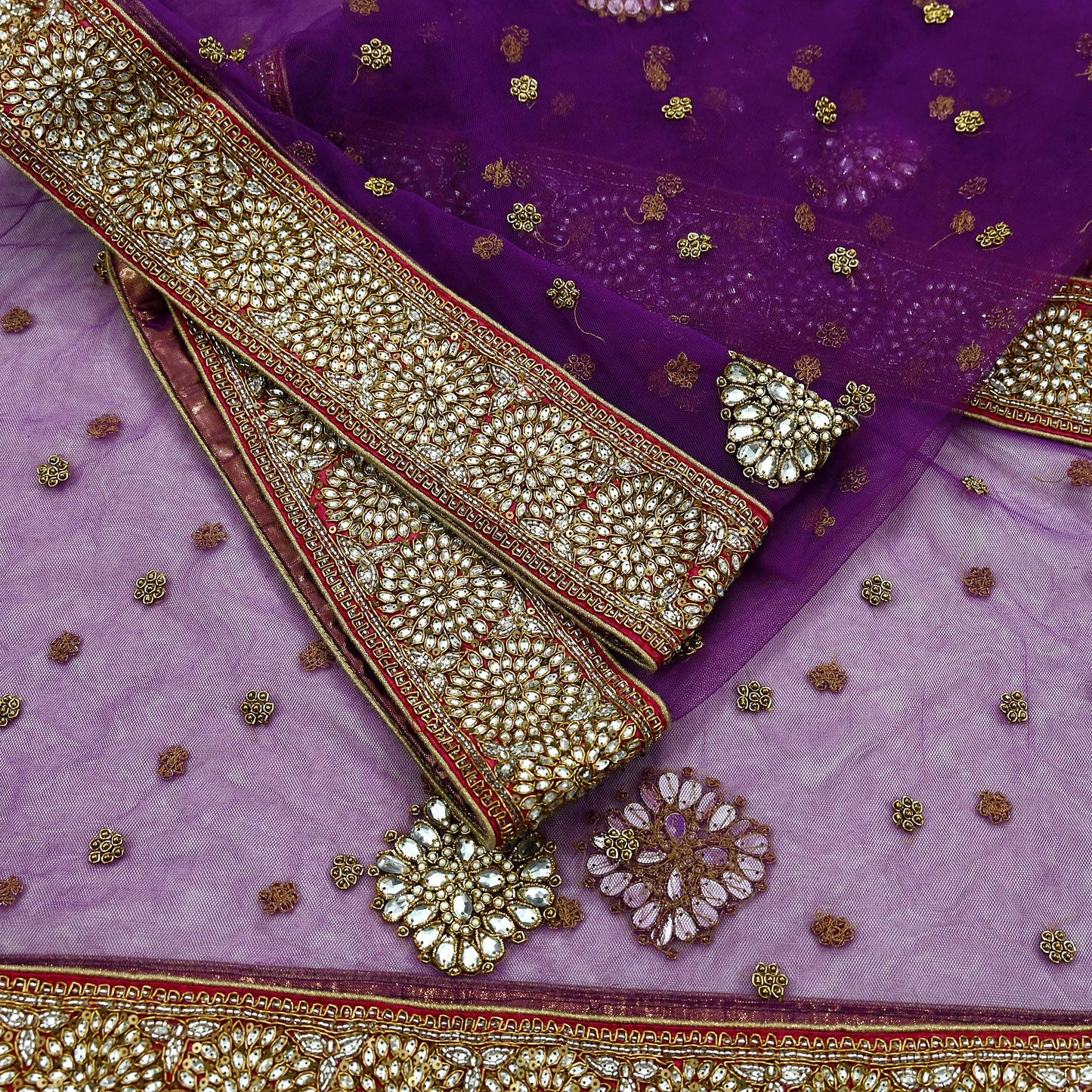 Indian Vintage Heavy Wedding Dupatta Purple Net Long Stole Hand Embroidered By Designer Sabyasachi Scarves Zardozi Bridal Veil