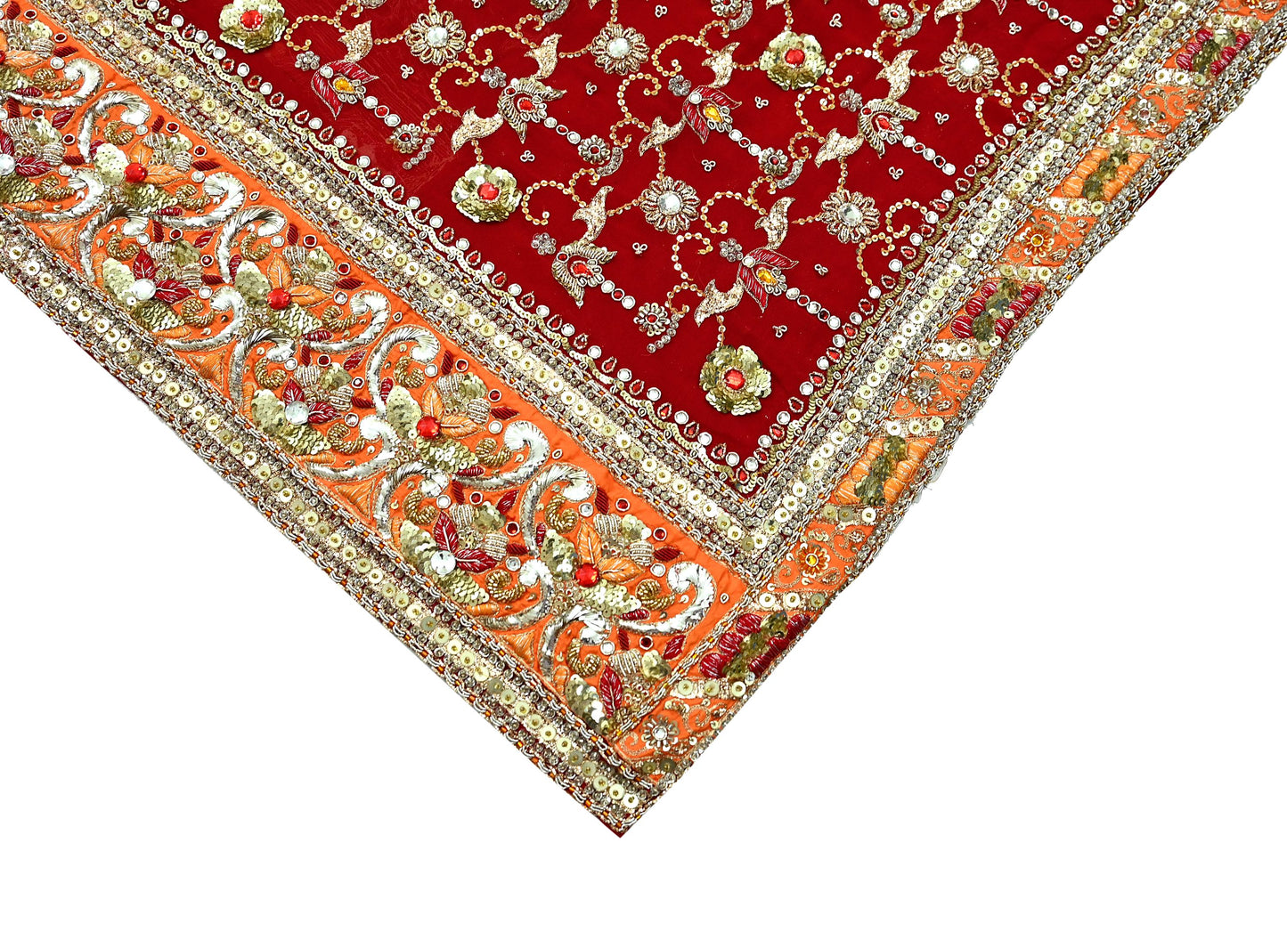 Indian Vintage Heavy Bridal Dupatta Red Pure Georgette Silk Long Stole Hand Embroidered Scarf Zardozi/Dabka Zari Wedding/Party Dupatta