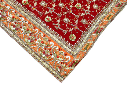 Indian Vintage Heavy Bridal Dupatta Red Pure Georgette Silk Long Stole Hand Embroidered Scarf Zardozi/Dabka Zari Wedding/Party Dupatta