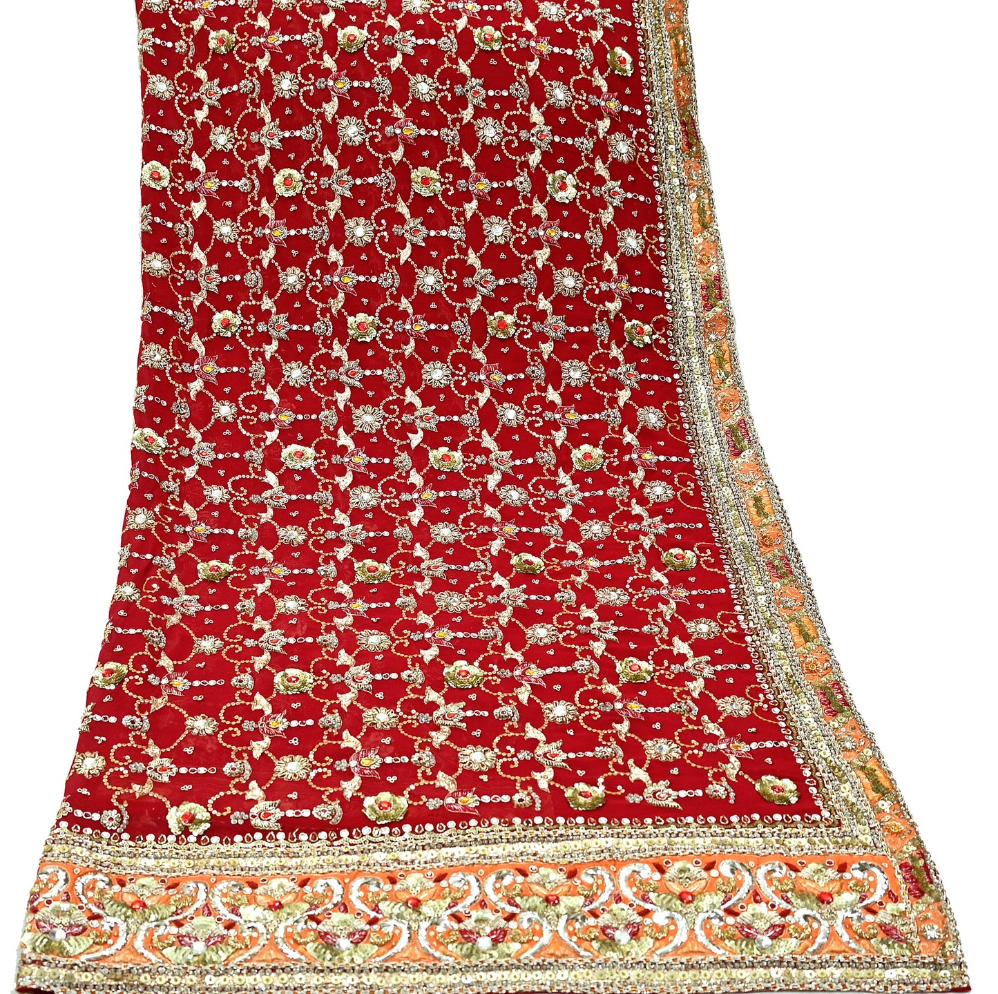 Indian Vintage Heavy Bridal Dupatta Red Pure Georgette Silk Long Stole Hand Embroidered Scarf Zardozi/Dabka Zari Wedding/Party Dupatta