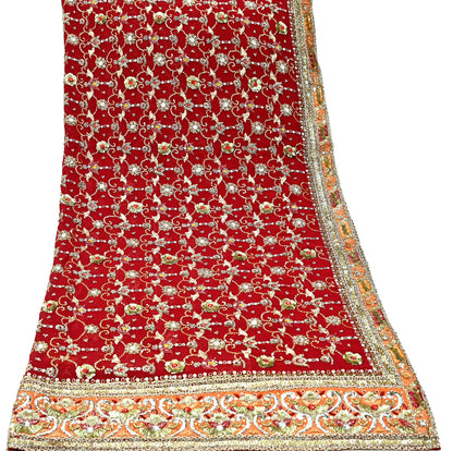 Indian Vintage Heavy Bridal Dupatta Red Pure Georgette Silk Long Stole Hand Embroidered Scarf Zardozi/Dabka Zari Wedding/Party Dupatta