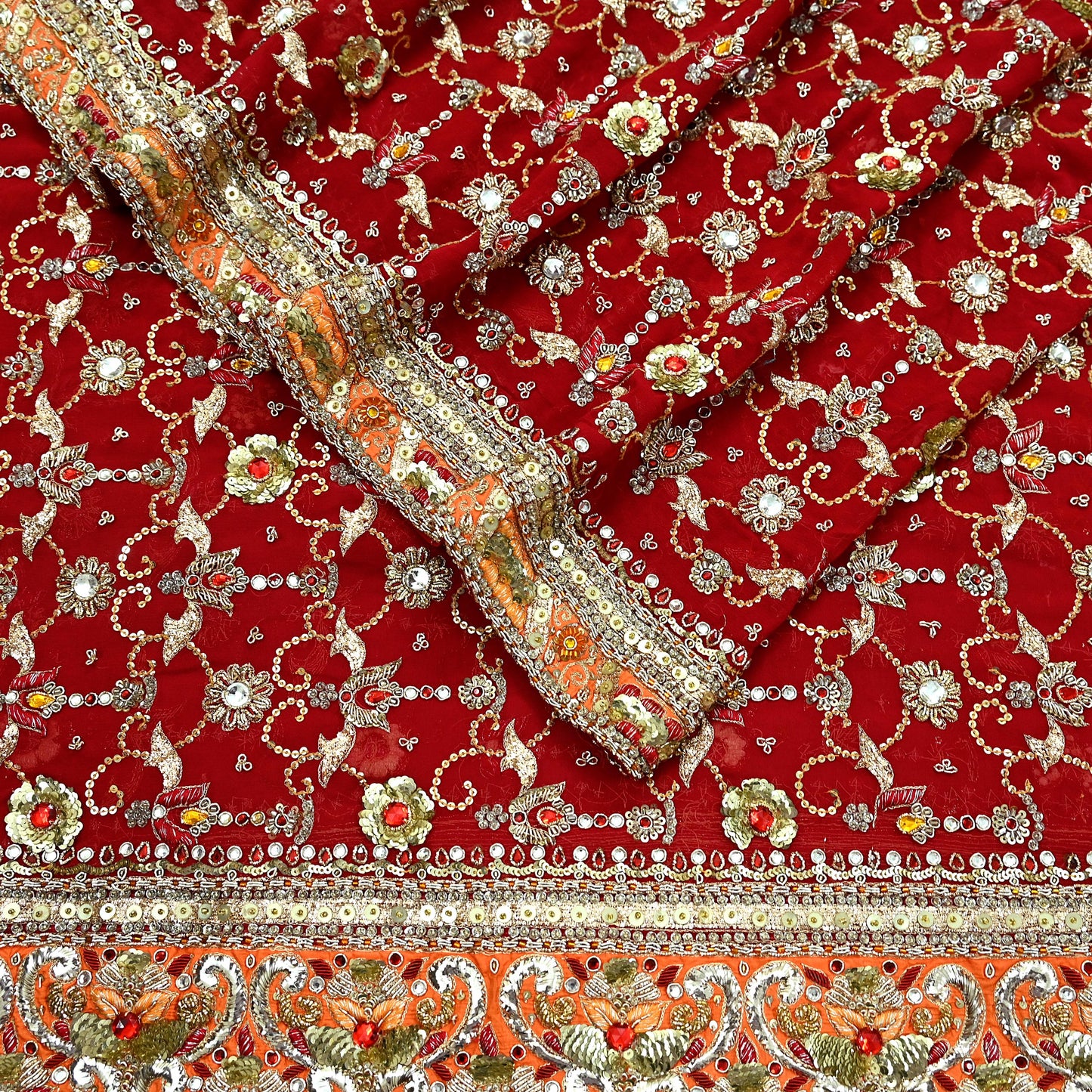 Indian Vintage Heavy Bridal Dupatta Red Pure Georgette Silk Long Stole Hand Embroidered Scarf Zardozi/Dabka Zari Wedding/Party Dupatta
