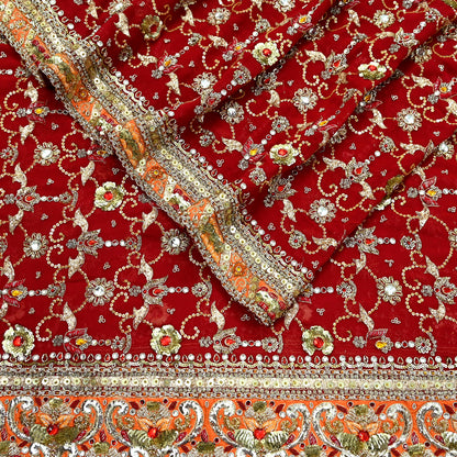 Indian Vintage Heavy Bridal Dupatta Red Pure Georgette Silk Long Stole Hand Embroidered Scarf Zardozi/Dabka Zari Wedding/Party Dupatta